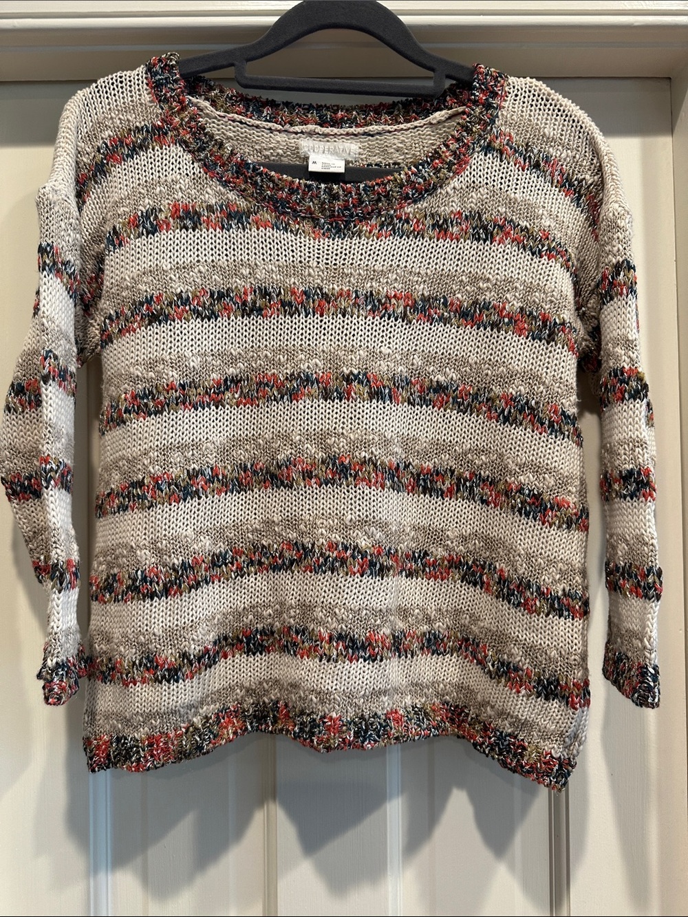 Cooperative Cream Open-Knit Sweater with Multicolor Stripes